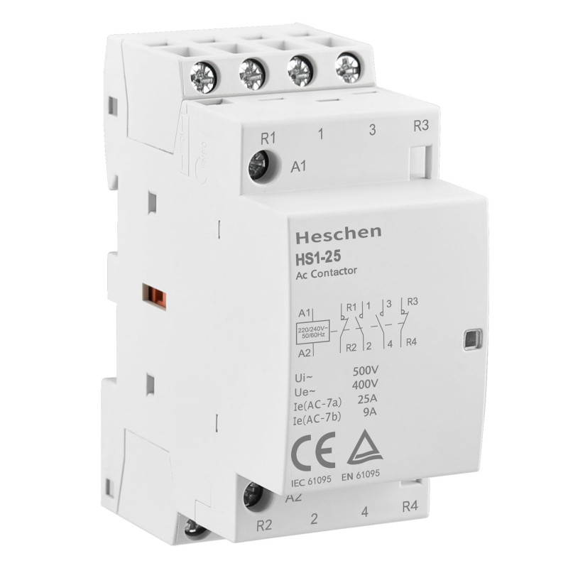 Heschen Contacteur ca domestique, HS1-25, 4 pôles 2NO 2NC, AC 220V / 240V tension de bobine, 35mm montage sur Rail DIN Heschen Contacteur ca domestique, HS1-25, 4 pôles 2NO 2NC, AC 220V / 240V tension de bobine, 35mm montage sur Rail DIN