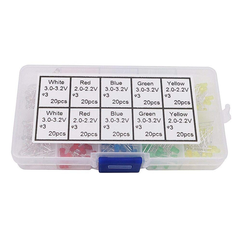 DollaTek 200pcs 3MM Kit assorti de lumière LED rouge vert bleu jaune blanc bricolage LED ensemble DollaTek 200pcs 3MM Kit assorti de lumière LED rouge vert bleu jaune blanc bricolage LED ensemble