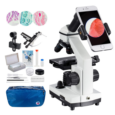 MAXLAPTER Microscope 2000x à LED avec Règle Mobile - Optique de Laboratoire avec Lames Préparées et Vierges - Adaptateur de Lent