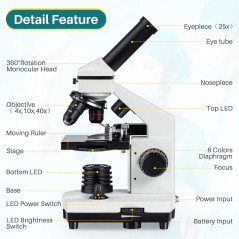 MAXLAPTER Microscope 2000x à LED avec Règle Mobile - Optique de Laboratoire avec Lames Préparées et Vierges - Adaptateur de Lent