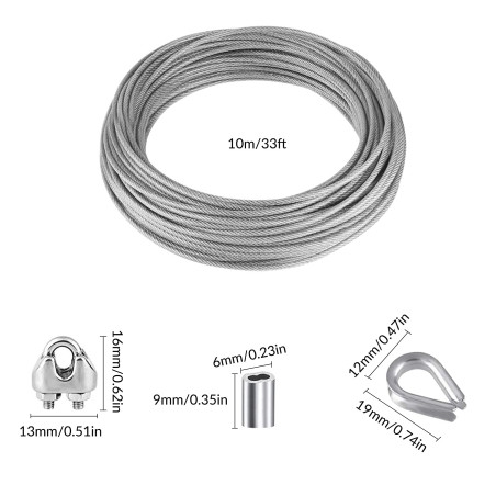 YSDMY Kit de Suspension avec Corde en Acier Inoxydable 10M, Câble Métallique 2mm Enduit de Nylon, Clips M2, Cosses et Manchons à