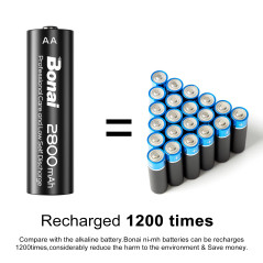 BONAI AA Piles Rechargeables Ni-MH, 2800mAh 1,2V Haute Capacité Réelle Batterie Rechargeable AA, 1200 Cycles, Faible Auto-déchar