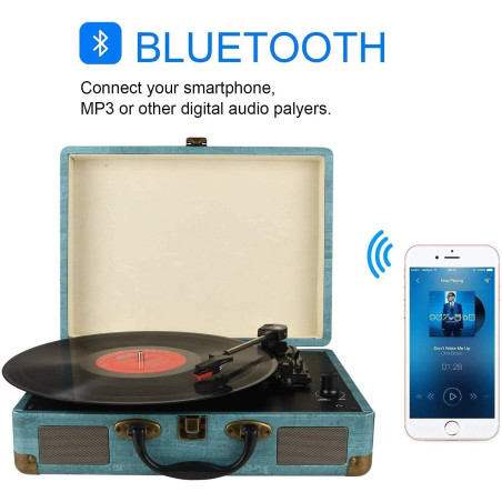 Platine Vinyle stéréo Portable, Tourne-Disque Bluetooth 3 Vitesses (33 1/3, 45 et 78 TR/Min) avec Haut-parleurs intégrés, phonog