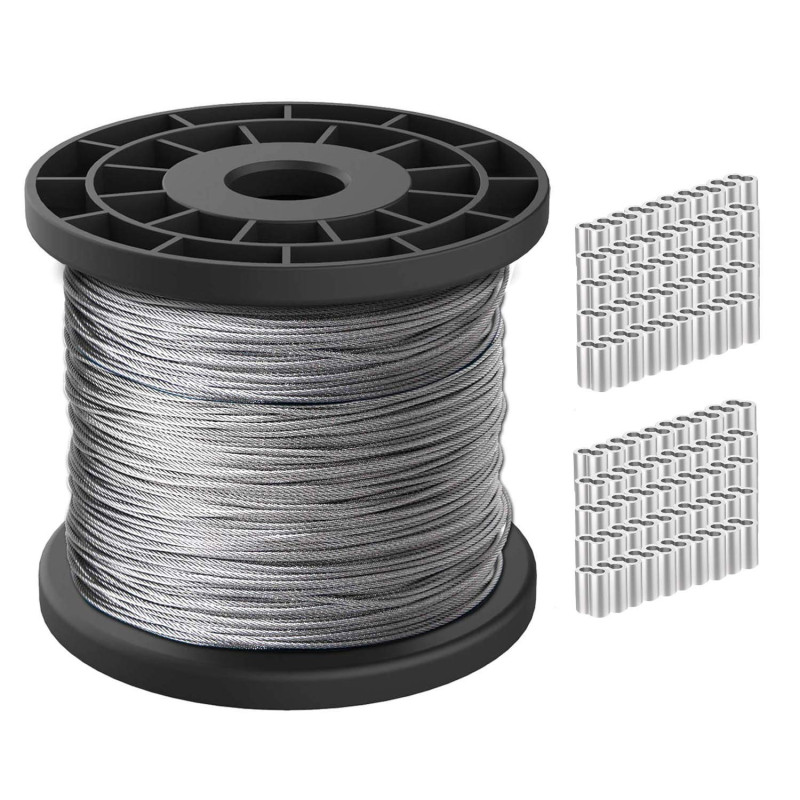 Oranlife Câble en acier inoxydable 304 1/16 noyau brins de 100 m, résistance à la rupture de 167 kg avec 100 manchons à sertir e