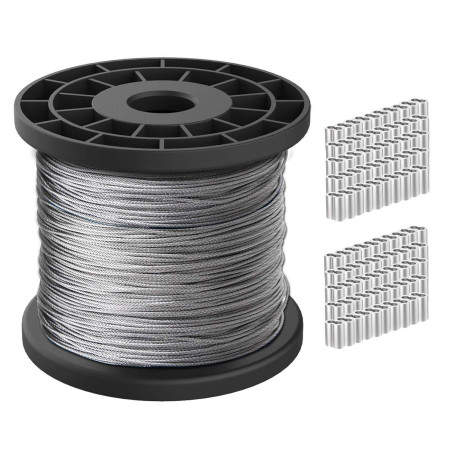 Oranlife Câble en acier inoxydable 304 1/16 noyau brins de 100 m, résistance à la rupture de 167 kg avec 100 manchons à sertir e