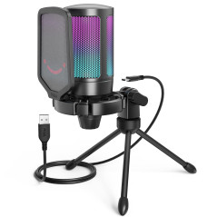 FIFINE USB Micro Gaming, Micro PC pour Podcast Streaming, Condensateur Microphone de Bureau per PS4 PS5 Ordinateur, avec Bouton