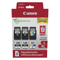 Canon PG-540 XL CL-541XL Pack de 3 Cartouches Capacité L et XL (2X Noir capacité L, 1x Couleur capacité XL) Certifié 50 Feuilles