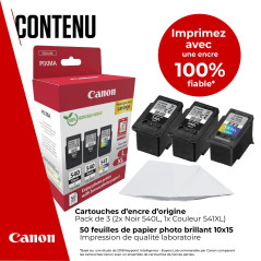 Canon PG-540 XL CL-541XL Pack de 3 Cartouches Capacité L et XL (2X Noir capacité L, 1x Couleur capacité XL) Certifié 50 Feuilles