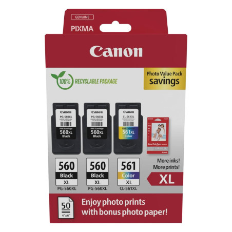 Canon PG-560XL x 2 / CL-561XL Lot de 3 Cartouches d'encre Authentiques à Haut rendement (2 x Noir, 1 x Couleur) ; Comprend 50 Fe
