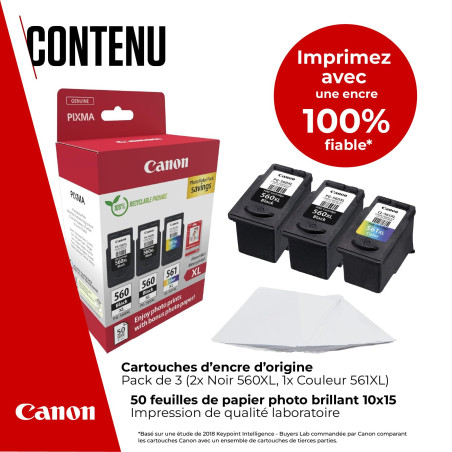 Canon PG-560XL x 2 / CL-561XL Lot de 3 Cartouches d'encre Authentiques à Haut rendement (2 x Noir, 1 x Couleur) ; Comprend 50 Fe