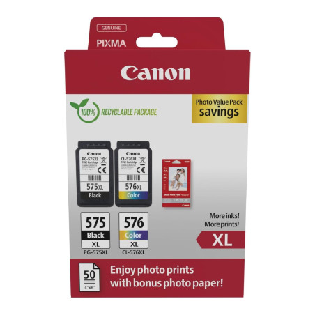 Canon PG-575XL / CL-576XL High Yield Genuine Ink Cartridges, Pack of 2 (1 x Black, 1 x Colour); Includes 50 Sheets of 4x6 Photo