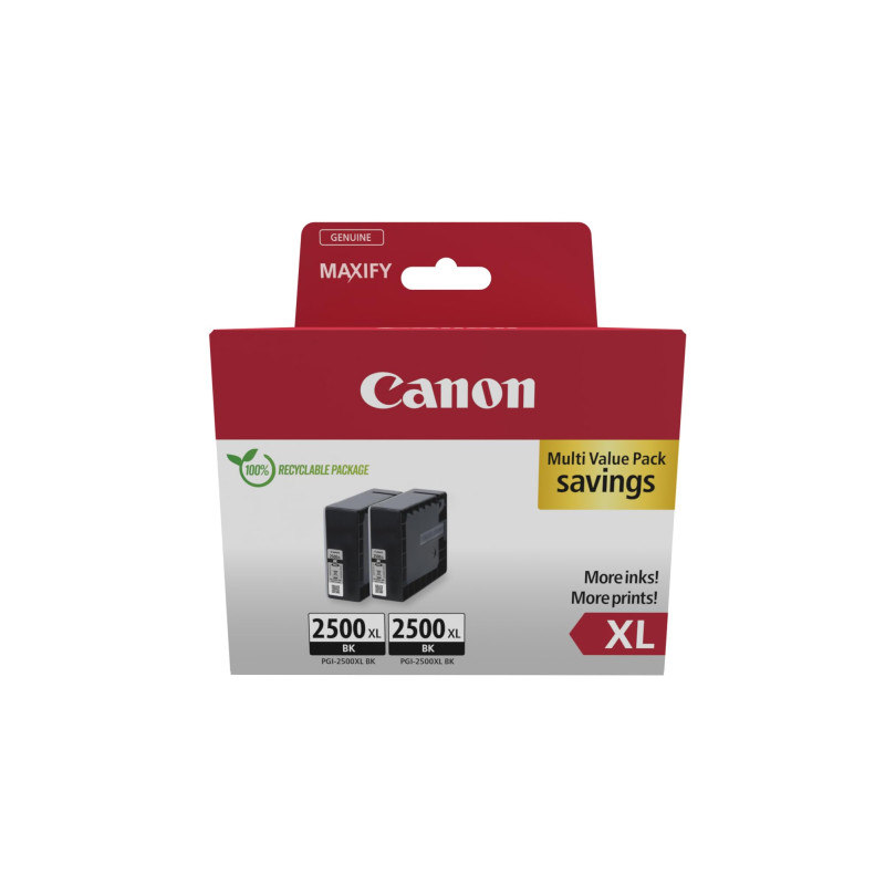 Canon PGI-2500XL High Yield Genuine Black Ink Cartridges, Pack of 2 - Cardboard Pack Canon PGI-2500XL High Yield Genuine Black Ink Cartridges, Pack of 2 - Cardboard Pack