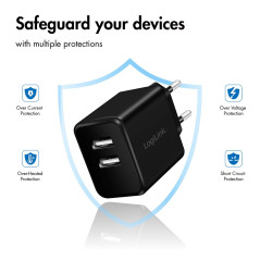 LogiLink PA0210 Fast Charging Adaptateur de Prise USB (2 x USB-A, 12 W) pour Smartphones/tablettes/lecteurs MP3-MP4/eBooks/Navi/