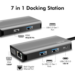 Station d'accueil USB 3.2 Gen 1 à 7 Ports, avec Port USB-C et PD (PowerDelivery), résolution UHD 4K, réseau RJ45 Gigabit