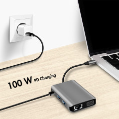 Station d'accueil USB 3.2 Gen 1 à 7 Ports, avec Port USB-C et PD (PowerDelivery), résolution UHD 4K, réseau RJ45 Gigabit