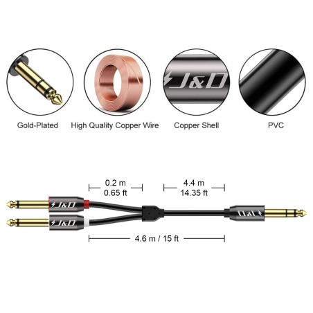 J&D 6.35mm Mono Audio Câble, Plaqué Or 2 x 6.35mm (1/4 Pouce) TS Mono insérer Audio Câble avec Tresse en Nylon et en Alliage de