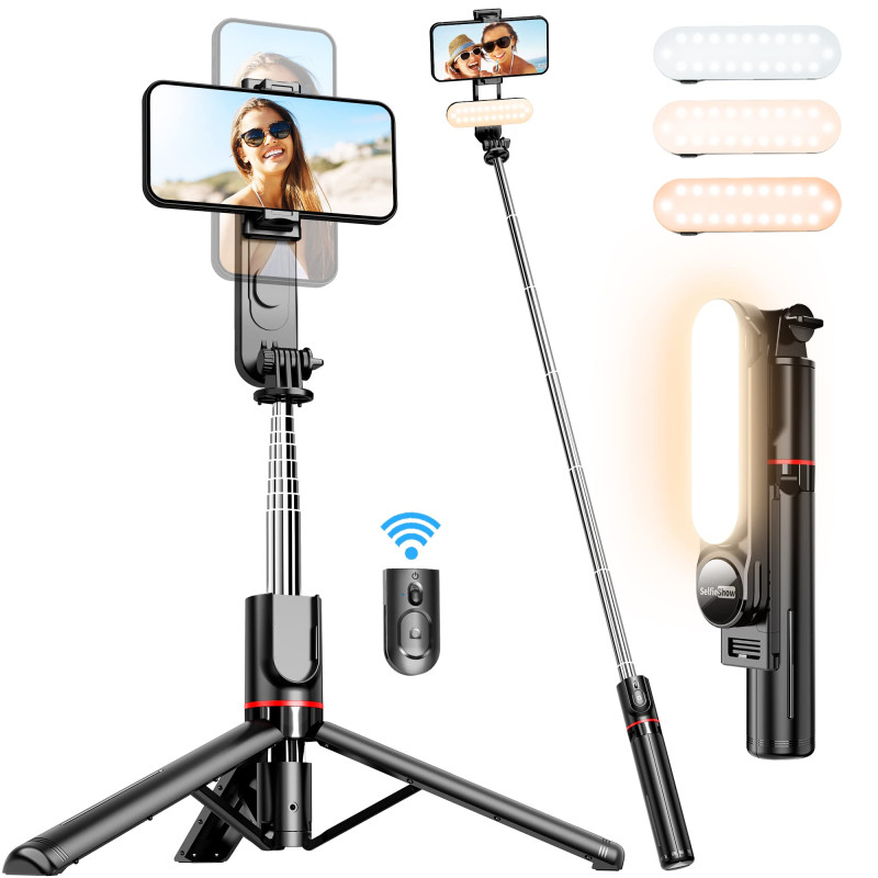 Perche à Selfie avec Lumière 111cm, Trépied Amélioré pour Téléphone avec Télécommande Détachable, 360° Rotation Perche Selfie po Perche à Selfie avec Lumière 111cm, Trépied Amélioré pour Téléphone avec Télécommande Détachable, 360° Rotation Perche Selfie po