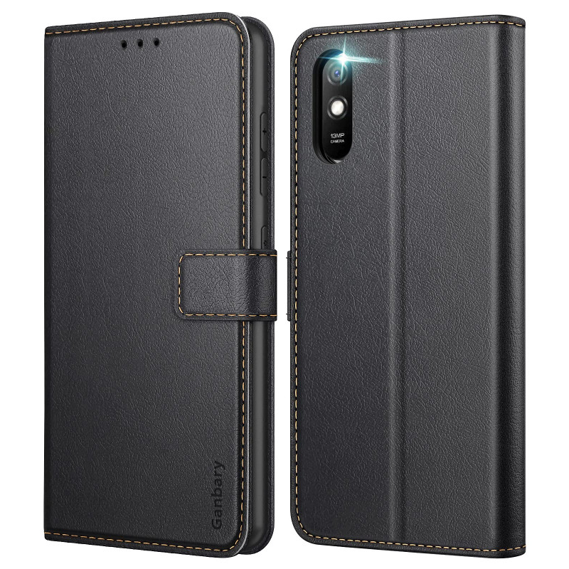 Ganbary Coque pour Xiaomi Redmi 9A/9AT, [Housse en Cuir PU Premium] [Etui à Rabat] [Pochette de Portefeuille], Étui de Protectio