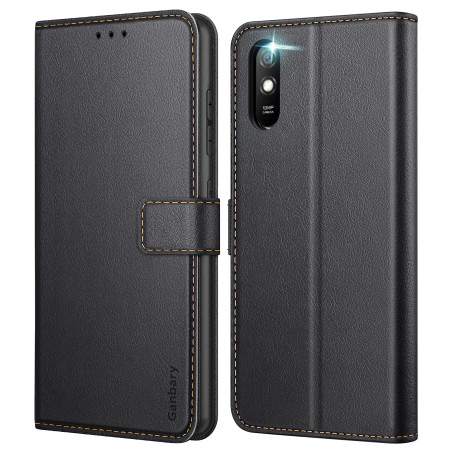 Ganbary Coque pour Xiaomi Redmi 9A/9AT, [Housse en Cuir PU Premium] [Etui à Rabat] [Pochette de Portefeuille], Étui de Protectio