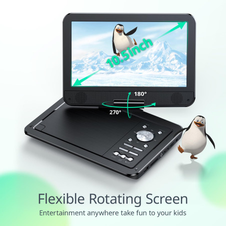 Yoton Lecteur DVD Portable 12,5" avec écran pivotant HD 10,5" pour Voiture et Enfants, avec Chargeur de Voiture, Prend en Charge