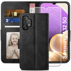 YATWIN Coque Samsung Galaxy A32 5G avec 1 Pièces Verre Trempé, Etui Housse en Cuir pour Samsung A32 5G avec [Fentes Cartes] [Fon