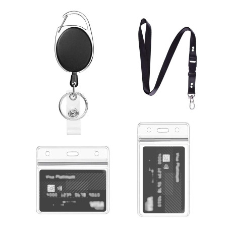 Porte Badge Avec Porte Carte Transparent, 1 Ensemble Comprend - Cordon, porte Badge Enrouleur et Porte Carte étanche, pour Porte