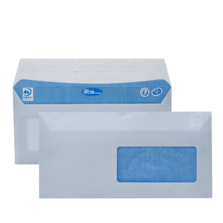 TECNO PRESTIGE, boîte de 500 enveloppes extra blanc, bande de protection, 80g, Format DL 110x220 mm avec fenêtre 45x100