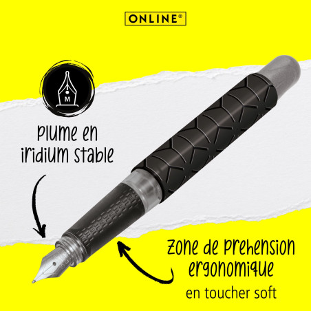 ONLINE Stylo à encre College Black Style│ stylo plume ergonomique pour l'école │ plume moyenne, zone de préhension toucher soft