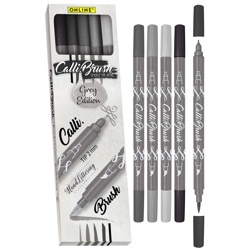 Online Parure Calli.Brush Gris, set de 5 stylos feutre calligraphie avec deux côtés (côté calligraphie de 2mm et côté pinceau fl Online Parure Calli.Brush Gris, set de 5 stylos feutre calligraphie avec deux côtés (côté calligraphie de 2mm et côté pinceau fl