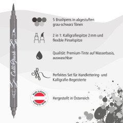 Online Parure Calli.Brush Gris, set de 5 stylos feutre calligraphie avec deux côtés (côté calligraphie de 2mm et côté pinceau fl