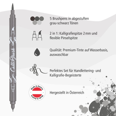 Online Parure Calli.Brush Gris, set de 5 stylos feutre calligraphie avec deux côtés (côté calligraphie de 2mm et côté pinceau fl