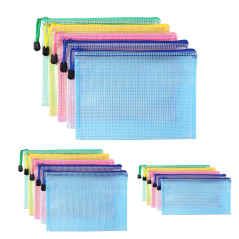 Oderra Pochette Plastique A4+A5+A6, 15PCS Pochette Zippée, PVC Mesh Zipper Pouch Document Wallet, Ranger Papiers petits Objets d