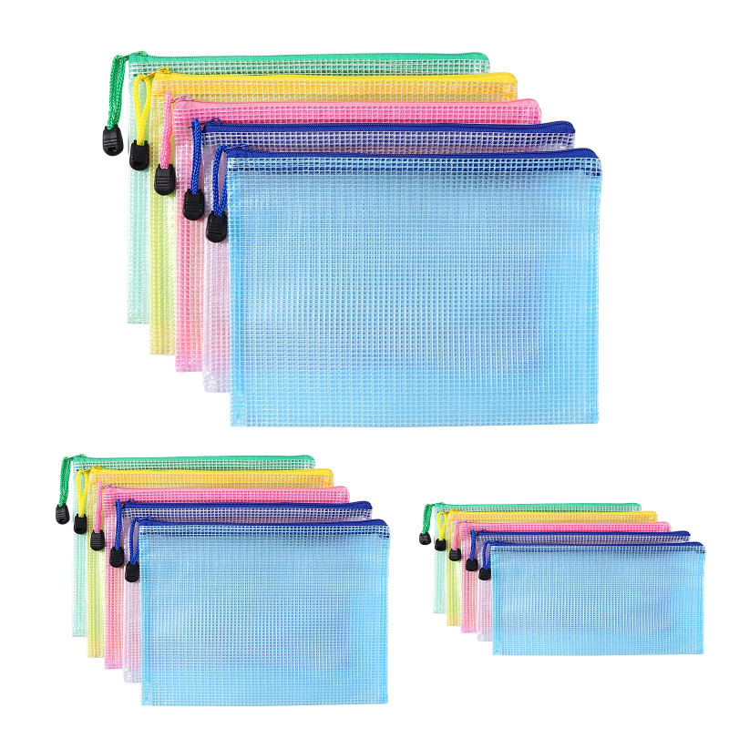 Oderra Pochette Plastique A4+A5+A6, 15PCS Pochette Zippée, PVC Mesh Zipper Pouch Document Wallet, Ranger Papiers petits Objets d