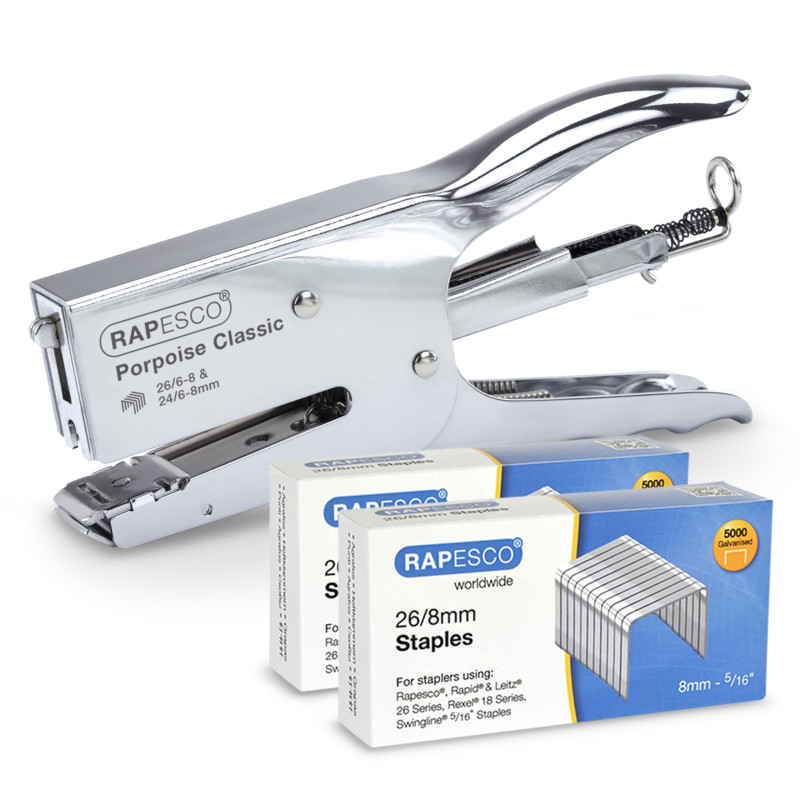 Rapesco 1298A Pince Agrafeuse Classique Porpoise et 10.000 Agrafes de Type 26/8mm, Capacité de 45 Feuilles, Chrome Rapesco 1298A Pince Agrafeuse Classique Porpoise et 10.000 Agrafes de Type 26/8mm, Capacité de 45 Feuilles, Chrome