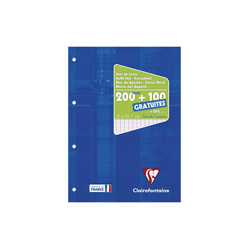 Clairefontaine 65819C Un Bloc de Cours Encollé Perforé Bleu Klein - A4 21x29,7 cm - 300 Pages (200 + 100 gratuites) Grands Carre Clairefontaine 65819C Un Bloc de Cours Encollé Perforé Bleu Klein - A4 21x29,7 cm - 300 Pages (200 + 100 gratuites) Grands Carre
