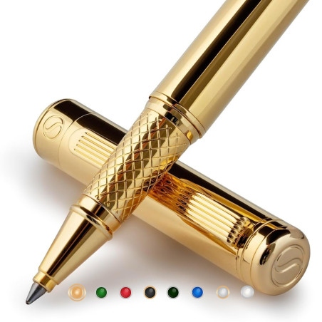 Scriveiner Stylo Roller Coffret Stylo Roller Or Finition Plaqué or véritable, Rechargeable, Beau Cadeau pour Homme & Femme avec