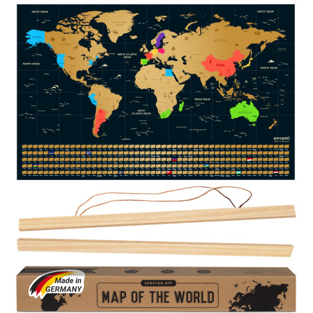 envami® Carte du Monde à Gratter Avec Cadre 68 X 43 CM en Anglais Doré - Planisphère - Map Carte - Poster à Gratter - Scratch Of