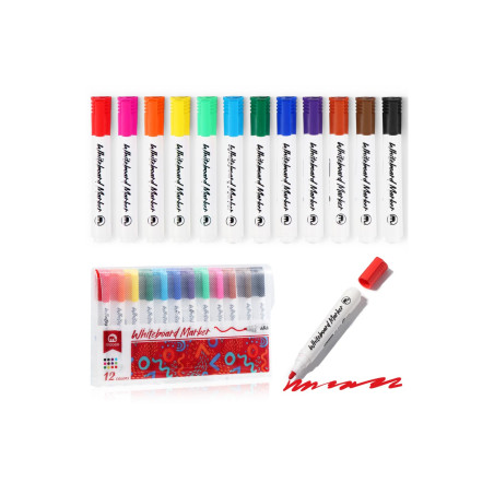 Vinabo Feutres Tableau Blanc Effacable, 12 Pcs Marqueur Tableau Blanc Effacable pour Fourniture Scolaire, Feutre Effacable Sec P