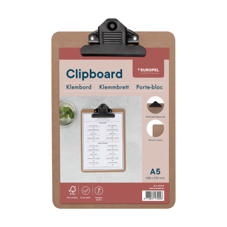 EUROPEL Porte-bloc en bois, Planche Rigide Durable avec Pince Métallique Noire et Oeillet de Suspension, Porte-bloc A5 et Porte-