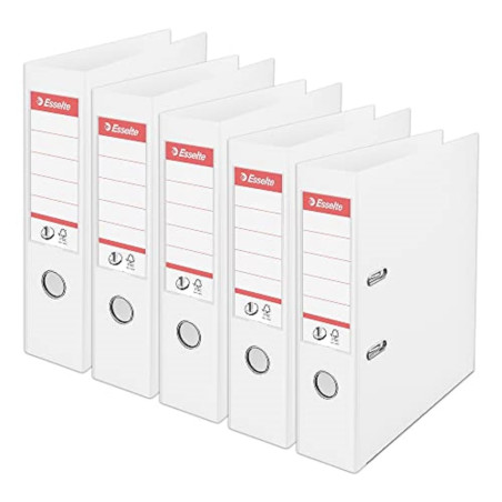 Esselte, N°1 Power, Pack de 5 Classeurs à levier, Blanc, Dos 75mm, A4, PP, 162510