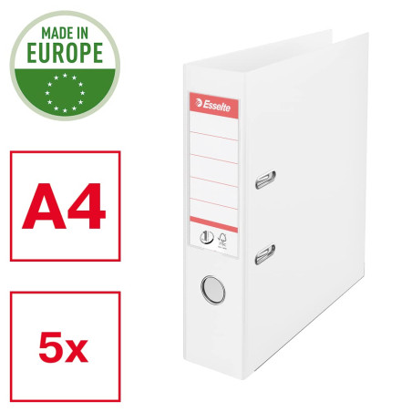 Esselte, N°1 Power, Pack de 5 Classeurs à levier, Blanc, Dos 75mm, A4, PP, 162510