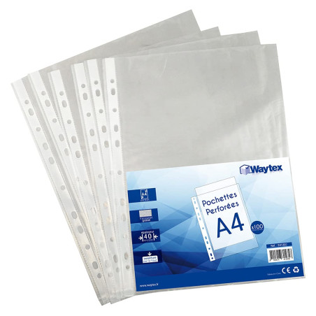 Waytex 931302 Pochettes Perforées A4 Transparentes Grainées 40 microns - Paquet de 100