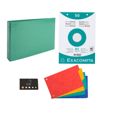 Classeur Pour Fiches + 100 Fiches Bristol A5 Quadrillées Perforées + 4 Intercalaires + 1 Index Adhésif Blumie (Vert Foncé)