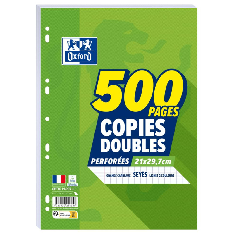 OXFORD Copies Doubles Grands Carreaux Seyès 500 Pages blanches 90g sous film. OXFORD Copies Doubles Grands Carreaux Seyès 500 Pages blanches 90g sous film.