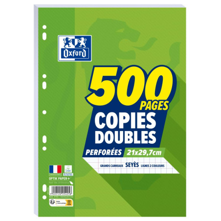 OXFORD Copies Doubles Grands Carreaux Seyès 500 Pages blanches 90g sous film.