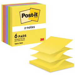 Post-it Z-Notes Autocollantes, Pack de 6 Blocs, 100 Feuilles par Bloc, 76 mm x 76 mm, Jaune, Vert, Violet, Rose, Orange - Feuill