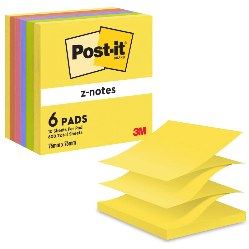 Post-it Z-Notes Autocollantes, Pack de 6 Blocs, 100 Feuilles par Bloc, 76 mm x 76 mm, Jaune, Vert, Violet, Rose, Orange - Feuill Post-it Z-Notes Autocollantes, Pack de 6 Blocs, 100 Feuilles par Bloc, 76 mm x 76 mm, Jaune, Vert, Violet, Rose, Orange - Feuill
