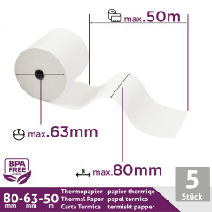 LYNNE - Rouleau Thermique 80x63x12 - Bobine 80x63 pour imprimante - Rouleau imprimante thermique 80mm x 50m x 12mm - Sans BPA -