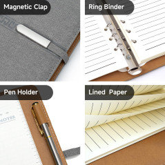 FOBOZONE Carnet de notes lignées A5, carnet de notes à 6 anneaux avec porte-stylo, 100 feuilles, bloc-notes, agenda, fournitures