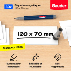 GAUDER Étiquettes Magnétiques Inscriptibles | (120 x 70 mm) Cartes Magnétiques Effaçables | Pour Tableaux Kanban et Blanc